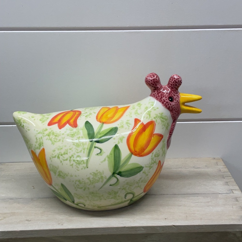 CBK LTD Handpainted Ceramic Chicken Figurine Orange Tulips Farmhouse Decor 8.5in